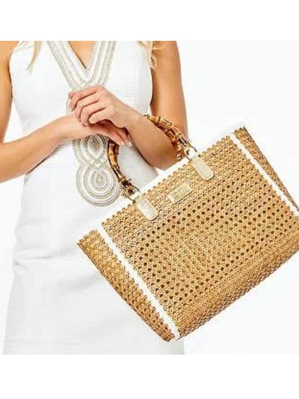 Lilly Pulitzer Greydon Cane Tote white whipstitched embroidery